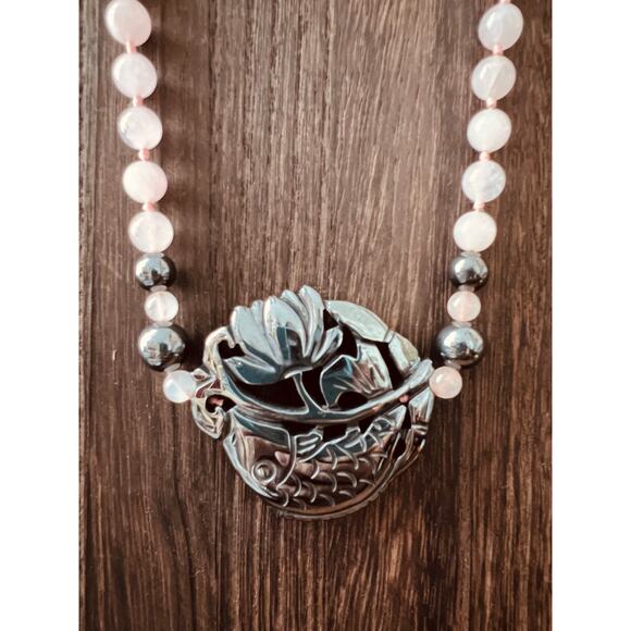 36” Rose Quartz & Hematite Beaded Necklace with Carved Lotus Koi Fish Pendant - Picture 1 of 7
